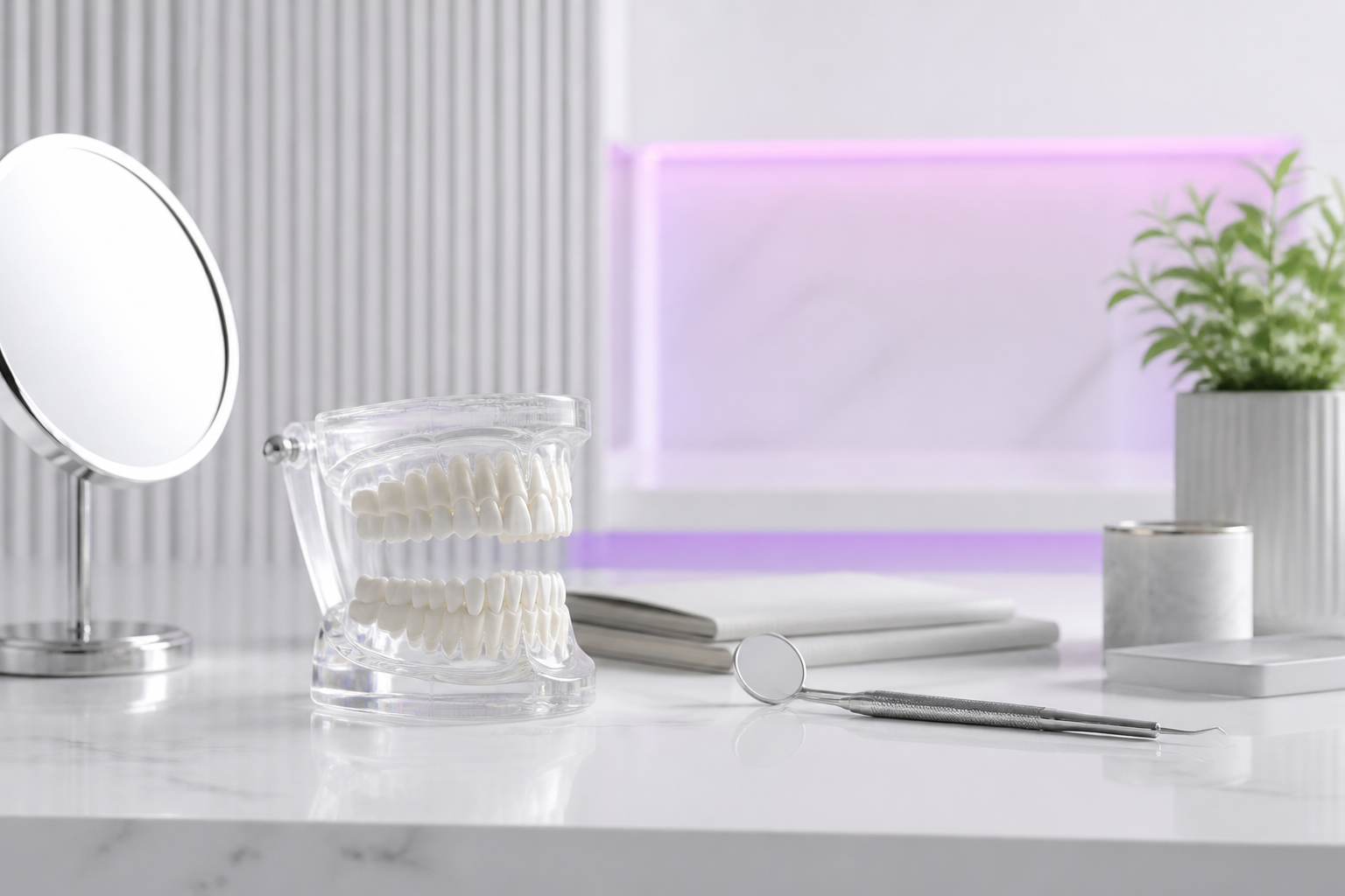 Illustrative dental education models and examination mirror